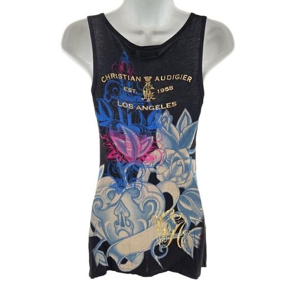 Christian Audigier ruched bling long line tank top black Extra Small - Picture 5 of 11